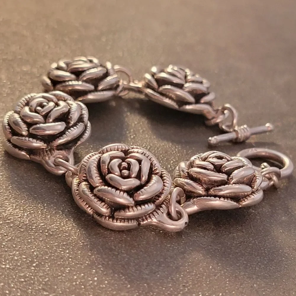 Vintage Sterling 3D Rose Flower Design Link Bracelet